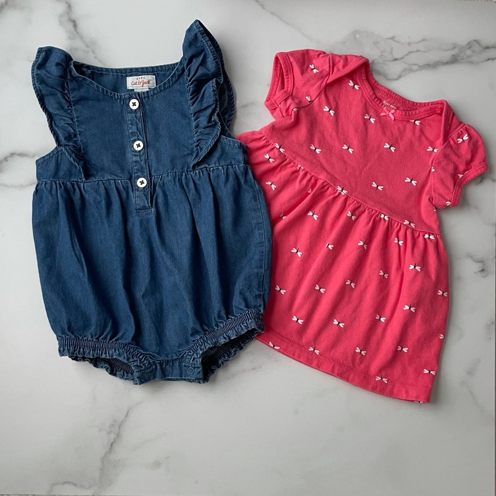 Girls, Jean romper and cotton dress bundle.